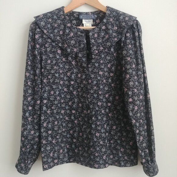 Vintage wool cotton blouse top made in Canada blue grey purple floral Sm… - Picture 4 of 15